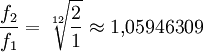 \frac{f_2}{f_1} = \sqrt[12] \frac 2 1 \approx 1{,}05946309 